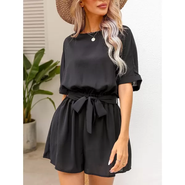 imageCUPSHE Womens Boat Neck Romper Short Sleeves Jumpsuit Empire Waist Belt Romper with Back CutoutBlack