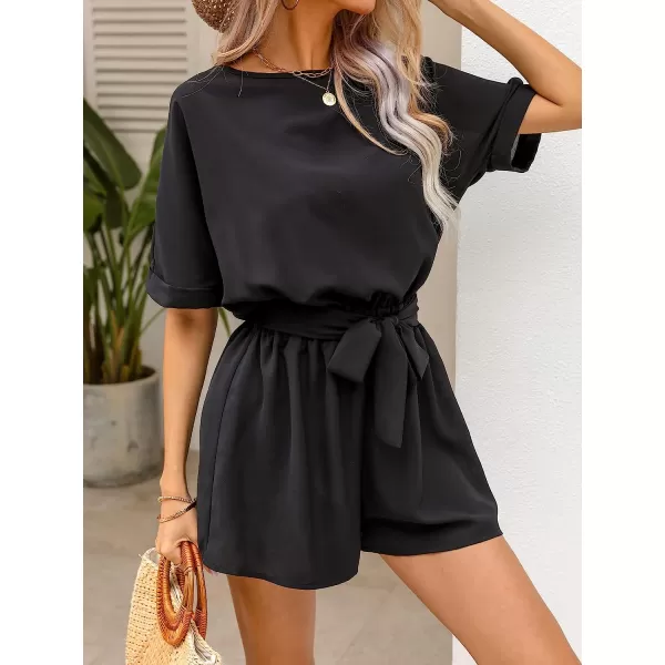 imageCUPSHE Womens Boat Neck Romper Short Sleeves Jumpsuit Empire Waist Belt Romper with Back CutoutBlack