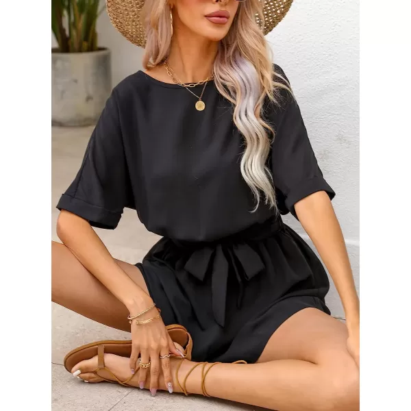 imageCUPSHE Womens Boat Neck Romper Short Sleeves Jumpsuit Empire Waist Belt Romper with Back CutoutBlack
