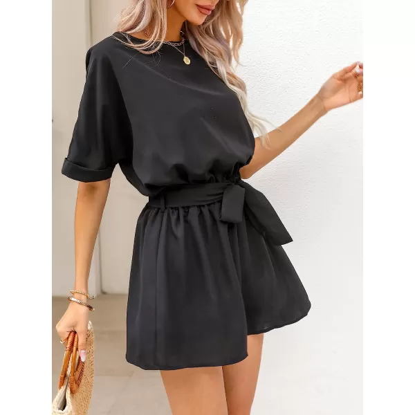 imageCUPSHE Womens Boat Neck Romper Short Sleeves Jumpsuit Empire Waist Belt Romper with Back CutoutBlack