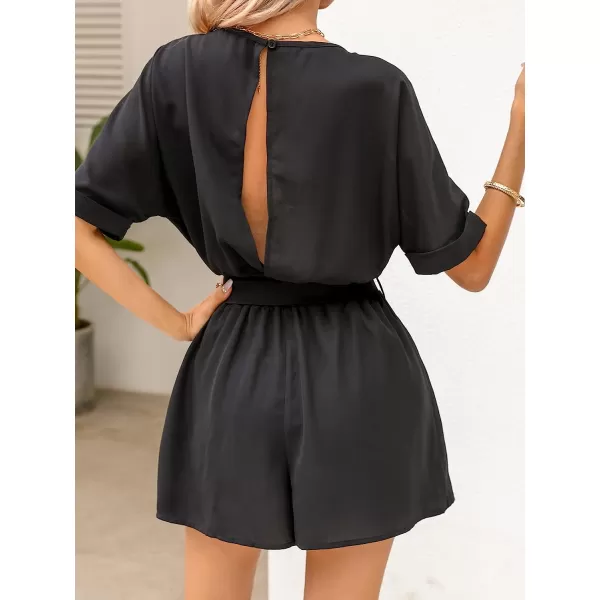 imageCUPSHE Womens Boat Neck Romper Short Sleeves Jumpsuit Empire Waist Belt Romper with Back CutoutBlack