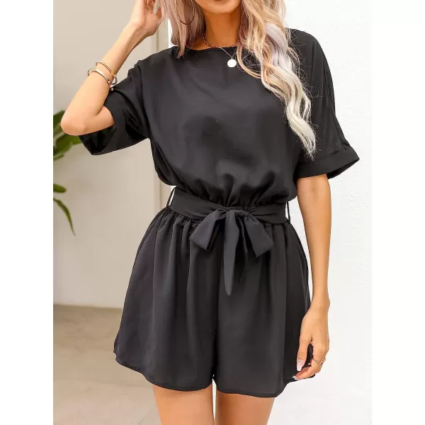 imageCUPSHE Womens Boat Neck Romper Short Sleeves Jumpsuit Empire Waist Belt Romper with Back CutoutBlack