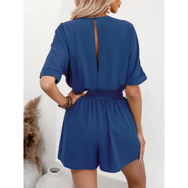 imageCUPSHE Womens Boat Neck Romper Short Sleeves Jumpsuit Empire Waist Belt Romper with Back CutoutBlue