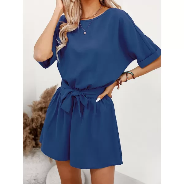 imageCUPSHE Womens Boat Neck Romper Short Sleeves Jumpsuit Empire Waist Belt Romper with Back CutoutBlue