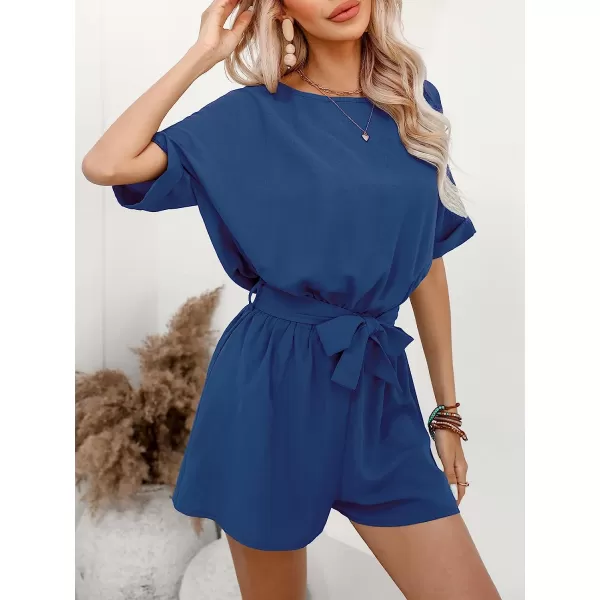 imageCUPSHE Womens Boat Neck Romper Short Sleeves Jumpsuit Empire Waist Belt Romper with Back CutoutBlue
