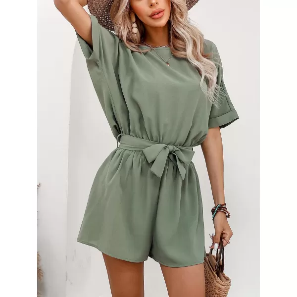 imageCUPSHE Womens Boat Neck Romper Short Sleeves Jumpsuit Empire Waist Belt Romper with Back CutoutGreen