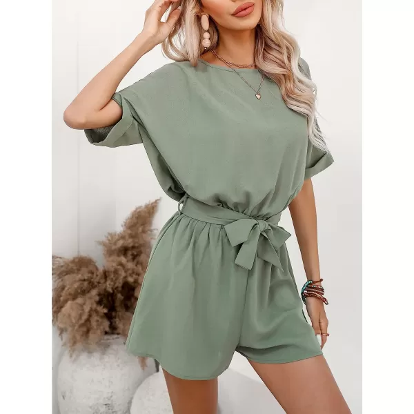 imageCUPSHE Womens Boat Neck Romper Short Sleeves Jumpsuit Empire Waist Belt Romper with Back CutoutGreen