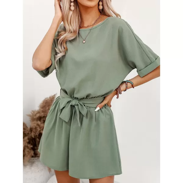 imageCUPSHE Womens Boat Neck Romper Short Sleeves Jumpsuit Empire Waist Belt Romper with Back CutoutGreen
