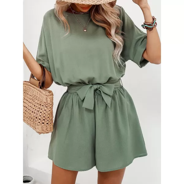 imageCUPSHE Womens Boat Neck Romper Short Sleeves Jumpsuit Empire Waist Belt Romper with Back CutoutGreen