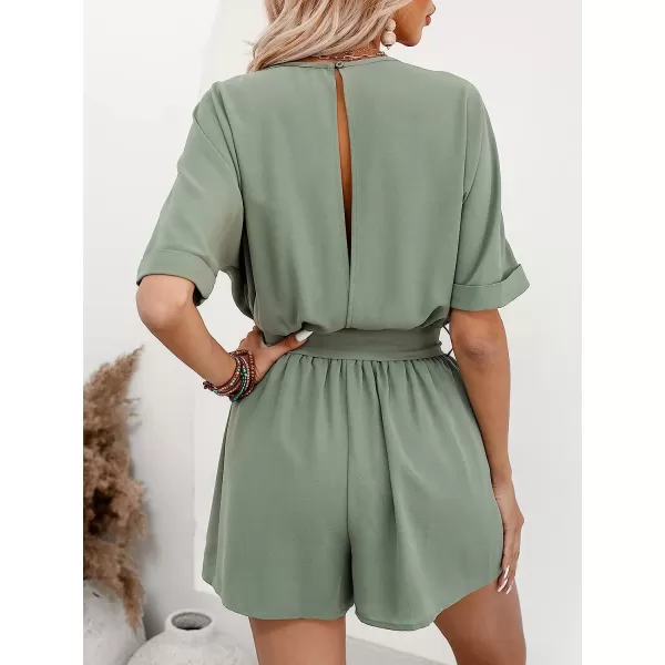 imageCUPSHE Womens Boat Neck Romper Short Sleeves Jumpsuit Empire Waist Belt Romper with Back CutoutGreen