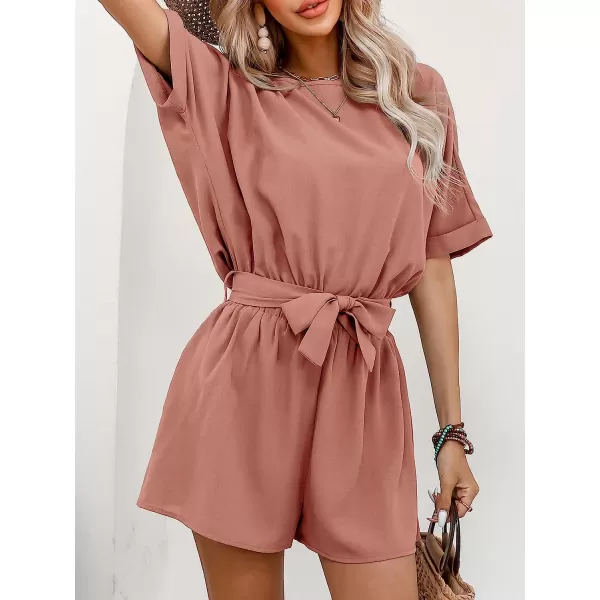imageCUPSHE Womens Boat Neck Romper Short Sleeves Jumpsuit Empire Waist Belt Romper with Back CutoutPink