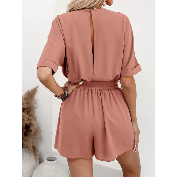 imageCUPSHE Womens Boat Neck Romper Short Sleeves Jumpsuit Empire Waist Belt Romper with Back CutoutPink