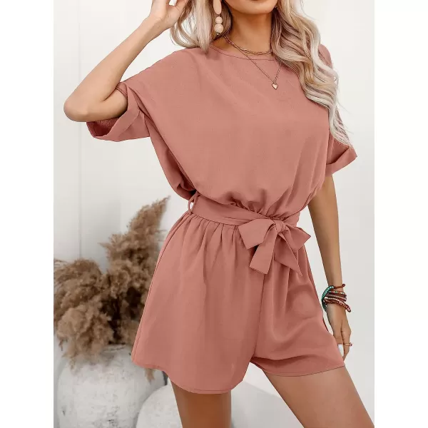 imageCUPSHE Womens Boat Neck Romper Short Sleeves Jumpsuit Empire Waist Belt Romper with Back CutoutPink