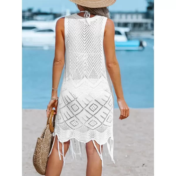 imageCUPSHE Womens Bodycon Round Neck Bathing Suit Cover UpTassel Hem Knit Beach Mini Dress for SummerWhite