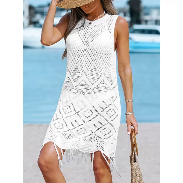 imageCUPSHE Womens Bodycon Round Neck Bathing Suit Cover UpTassel Hem Knit Beach Mini Dress for SummerWhite