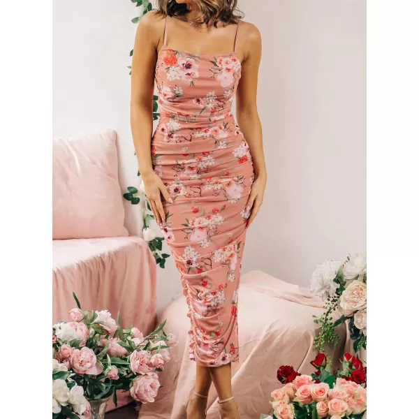 imageCUPSHE Womens Bodycon Square Neck Maxi Length Dresses Slip Ruched Dress with Floral PrintPink