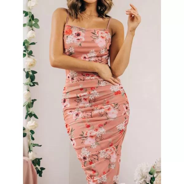 imageCUPSHE Womens Bodycon Square Neck Maxi Length Dresses Slip Ruched Dress with Floral PrintPink