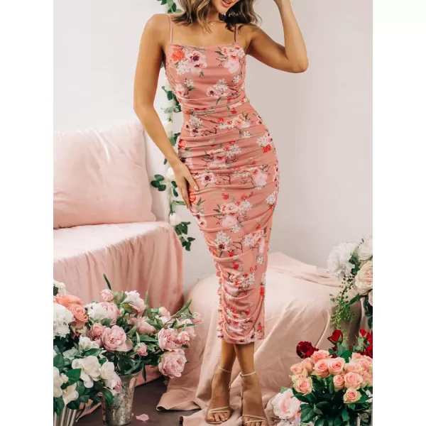 imageCUPSHE Womens Bodycon Square Neck Maxi Length Dresses Slip Ruched Dress with Floral PrintPink