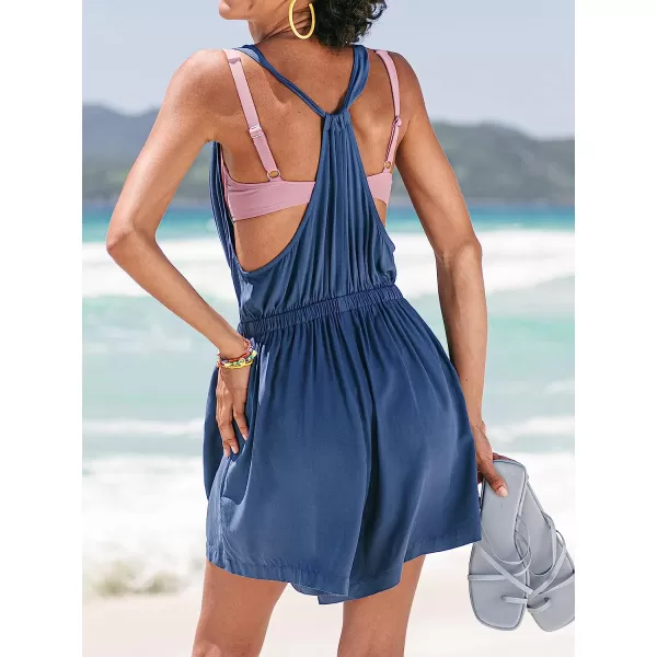 imageCUPSHE Womens Bodysuit Plunge Deep V Neck Short Romper Wide Fixed Straps Elastic Waist Dark BlueDark Blue