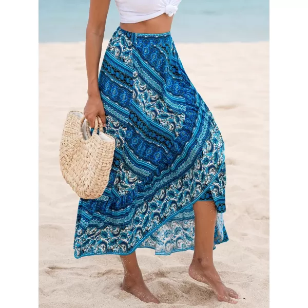 imageCUPSHE Womens Bohemian Print Coverup Skirt High Waisted Floral Wrap Summer Beach Midi SkirtsBlue