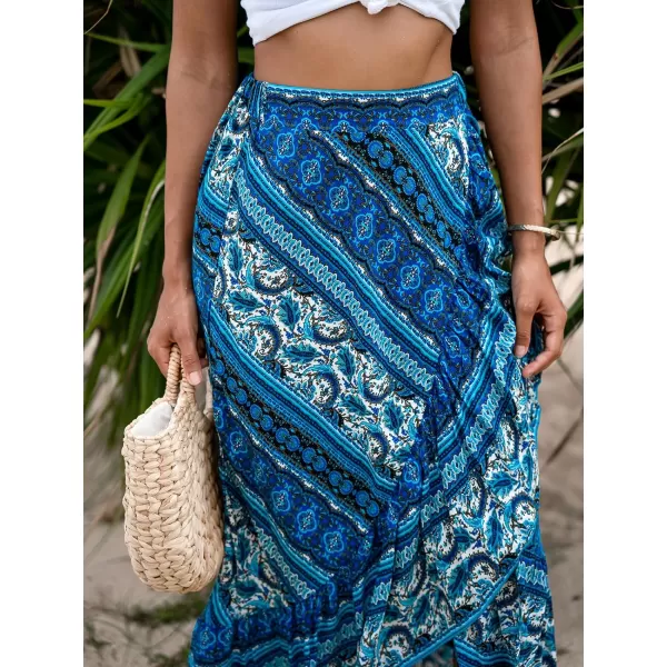 imageCUPSHE Womens Bohemian Print Coverup Skirt High Waisted Floral Wrap Summer Beach Midi SkirtsBlue