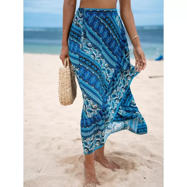 imageCUPSHE Womens Bohemian Print Coverup Skirt High Waisted Floral Wrap Summer Beach Midi SkirtsBlue
