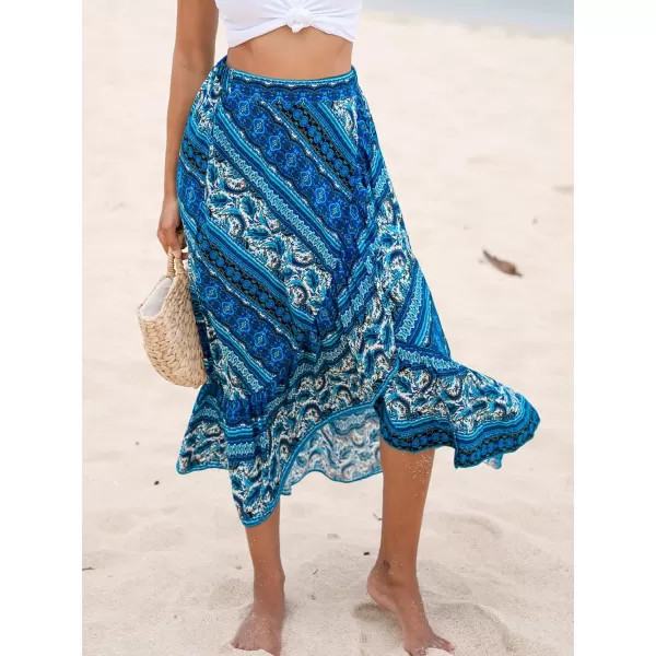 imageCUPSHE Womens Bohemian Print Coverup Skirt High Waisted Floral Wrap Summer Beach Midi SkirtsBlue