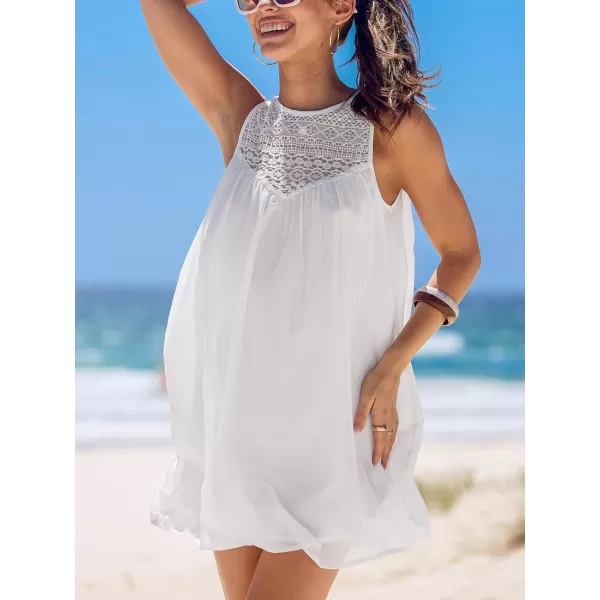 imageCUPSHE Womens Boho Cover Up Chiffon Sexy Mini Dress Knit Patchwork Swimwear Sleeveless 2024White