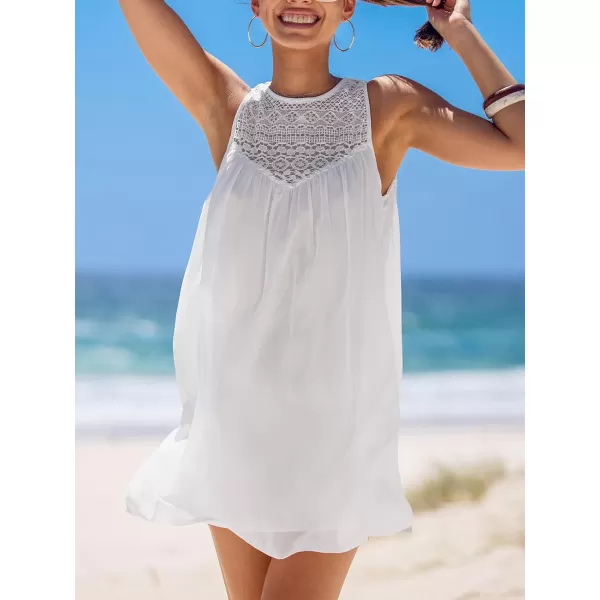 imageCUPSHE Womens Boho Cover Up Chiffon Sexy Mini Dress Knit Patchwork Swimwear Sleeveless 2024White