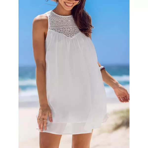 imageCUPSHE Womens Boho Cover Up Chiffon Sexy Mini Dress Knit Patchwork Swimwear Sleeveless 2024White