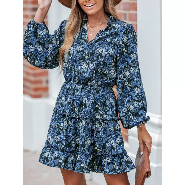imageCUPSHE Womens Boho Floral Print Tie Neck Long Sleeve Drawstring Mini Dress Elastic Waist Casual A Line Short DressBlue Floral