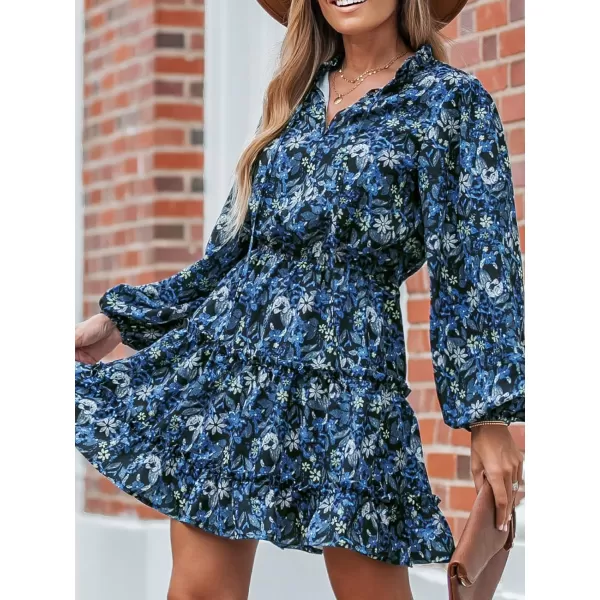 imageCUPSHE Womens Boho Floral Print Tie Neck Long Sleeve Drawstring Mini Dress Elastic Waist Casual A Line Short DressBlue Floral