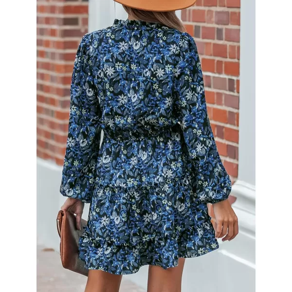 imageCUPSHE Womens Boho Floral Print Tie Neck Long Sleeve Drawstring Mini Dress Elastic Waist Casual A Line Short DressBlue Floral