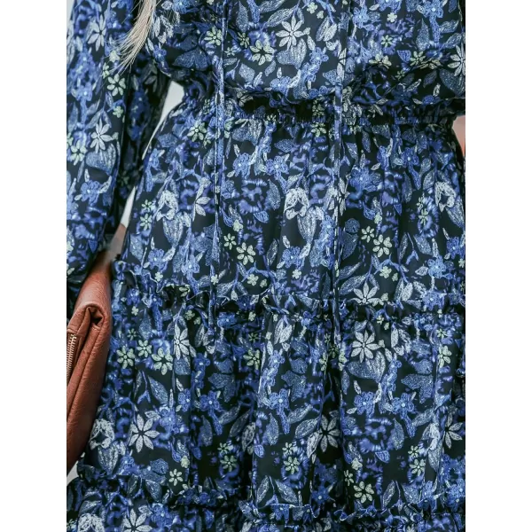 imageCUPSHE Womens Boho Floral Print Tie Neck Long Sleeve Drawstring Mini Dress Elastic Waist Casual A Line Short DressBlue Floral