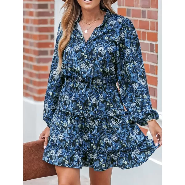imageCUPSHE Womens Boho Floral Print Tie Neck Long Sleeve Drawstring Mini Dress Elastic Waist Casual A Line Short DressBlue Floral