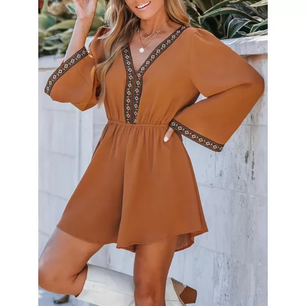 imageCUPSHE Womens Boho Geo PrintMini Romper Long Sleeves Jumpsuits VNeck Wide Leg Outfit CasualBrown