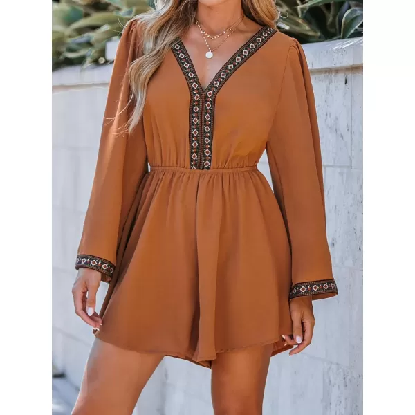 imageCUPSHE Womens Boho Geo PrintMini Romper Long Sleeves Jumpsuits VNeck Wide Leg Outfit CasualBrown