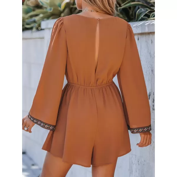 imageCUPSHE Womens Boho Geo PrintMini Romper Long Sleeves Jumpsuits VNeck Wide Leg Outfit CasualBrown