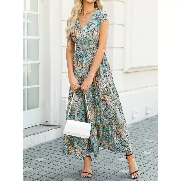imageCUPSHE Womens Boho Paisley Maxi Dress V Neck Cap Sleeve Smocked Ruffled A Line Long Summer DressesGreen Paisley