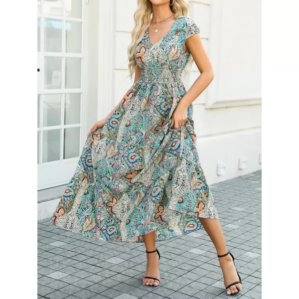 imageCUPSHE Womens Boho Paisley Maxi Dress V Neck Cap Sleeve Smocked Ruffled A Line Long Summer DressesGreen Paisley