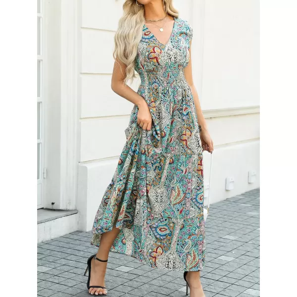imageCUPSHE Womens Boho Paisley Maxi Dress V Neck Cap Sleeve Smocked Ruffled A Line Long Summer DressesGreen Paisley