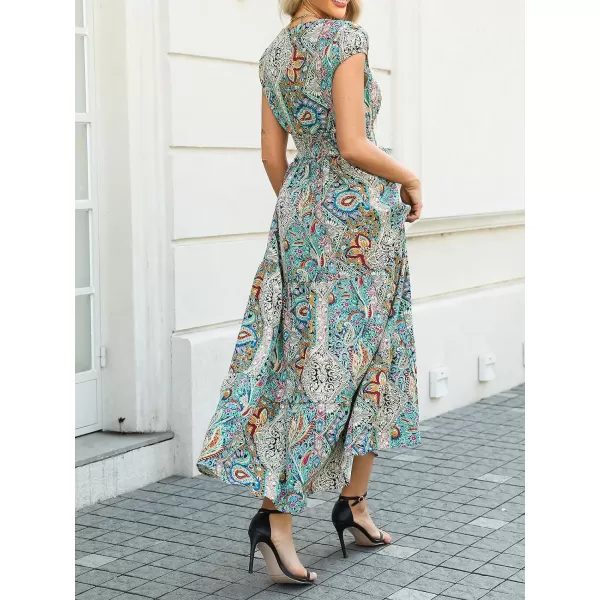 imageCUPSHE Womens Boho Paisley Maxi Dress V Neck Cap Sleeve Smocked Ruffled A Line Long Summer DressesGreen Paisley
