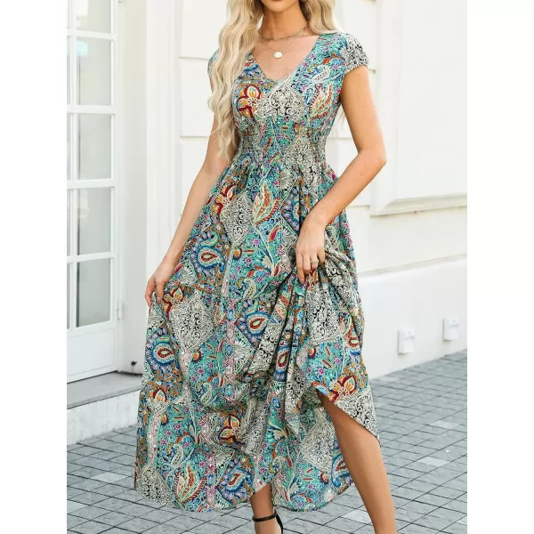 imageCUPSHE Womens Boho Paisley Maxi Dress V Neck Cap Sleeve Smocked Ruffled A Line Long Summer DressesGreen Paisley