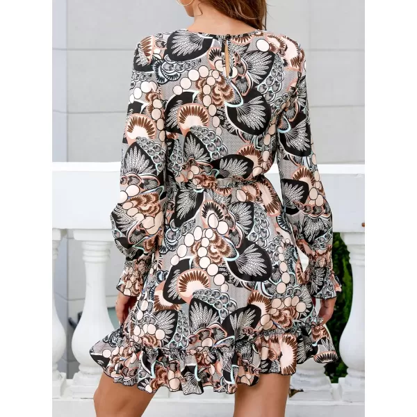 imageCUPSHE Womens Boho Round Neck Short Length Dresses Ruffled Mini Dress with Long SleevesBrown Print
