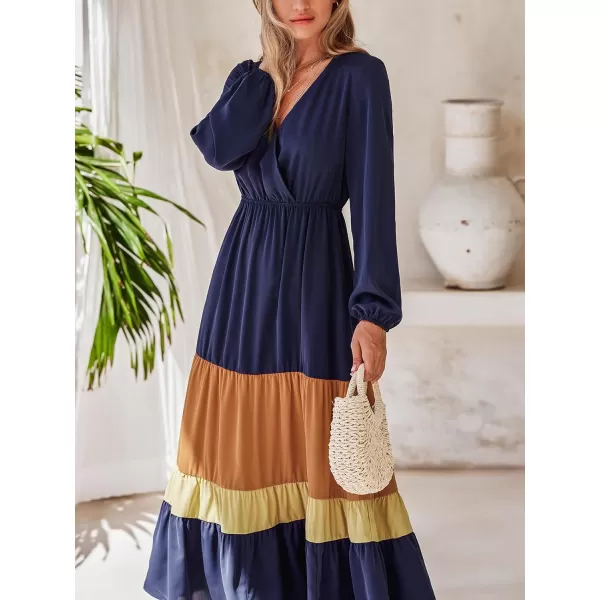 imageCUPSHE Womens Boho V Neck Long Sleeve Colorblock Elasticized Waist Ruffled A Line Maxi Dress Navy BlueNavy Blue