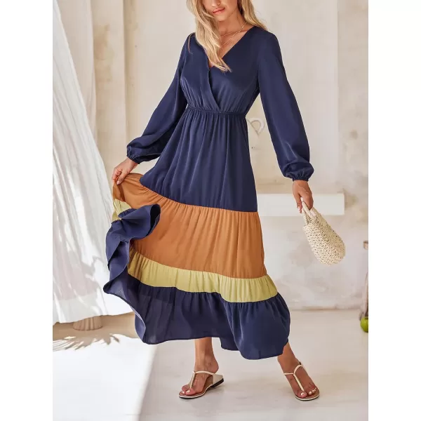 imageCUPSHE Womens Boho V Neck Long Sleeve Colorblock Elasticized Waist Ruffled A Line Maxi Dress Navy BlueNavy Blue