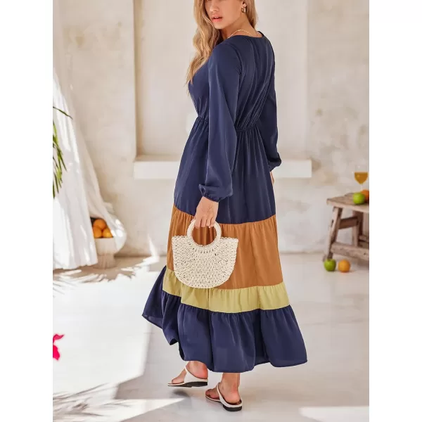 imageCUPSHE Womens Boho V Neck Long Sleeve Colorblock Elasticized Waist Ruffled A Line Maxi Dress Navy BlueNavy Blue