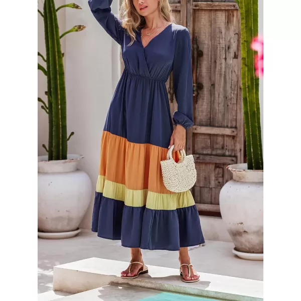 imageCUPSHE Womens Boho V Neck Long Sleeve Colorblock Elasticized Waist Ruffled A Line Maxi Dress Navy BlueNavy Blue