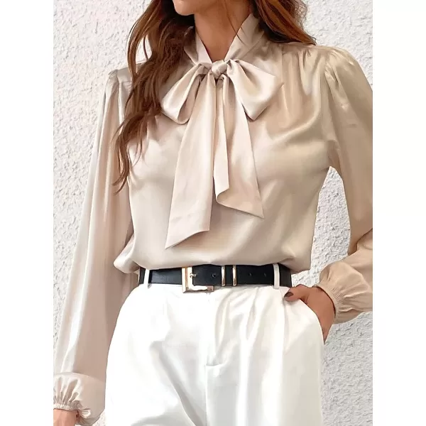 imageCUPSHE Womens Bow Tie Lantern Long Sleeve Satin Shirts Formal High Neck Work Out BlousesChampagne