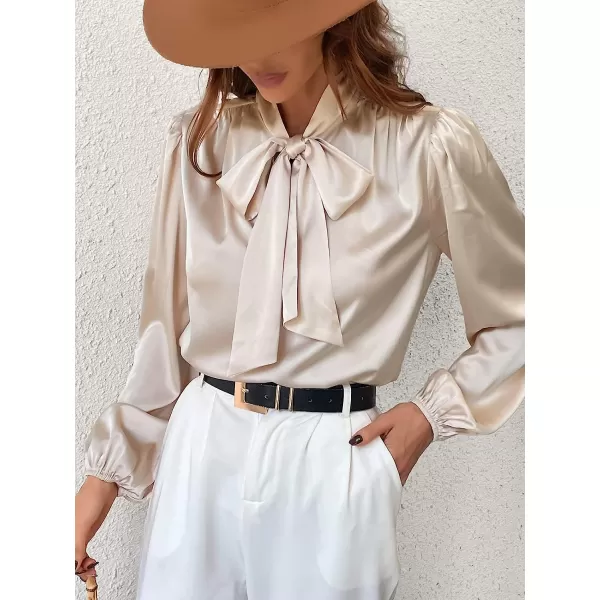 imageCUPSHE Womens Bow Tie Lantern Long Sleeve Satin Shirts Formal High Neck Work Out BlousesChampagne